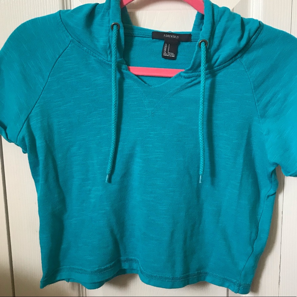 Teal cropped short sleeved hoodie from Forever 21